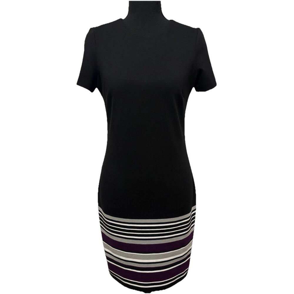 Calvin Klein Dress Size 2 Black Sheath Career Knee Length Purple Stripe Hem
